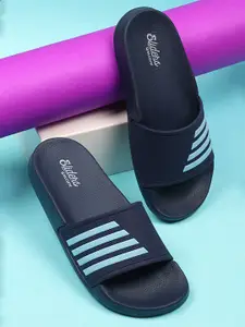 WELCOME Women Navy Blue & Turquoise Blue Striped Sliders