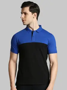 Parx Men Black & Blue Colourblocked Polo Collar Cotton T-shirt