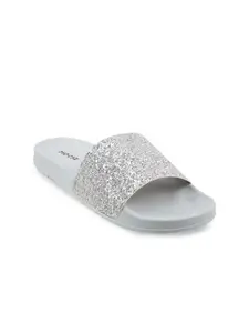 Mochi Women Silver-Toned Textured Open Toe Flats