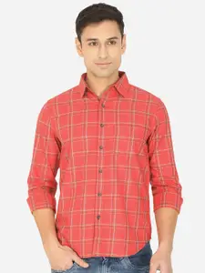 Greenfibre Men Red Slim Fit Windowpane Checks Cotton Casual Shirt