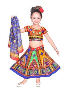 ahhaaaa Girls Blue & Orange Embroidered Ready To Wear Lehenga Choli with Dupatta