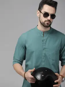 Roadster Men Teal Green Mandarin Collar Pure Cotton Casual Shirt