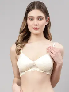 PrettyCat Beige Floral Lace Lightly Padded Non Wired Cotton T-shirt Bra
