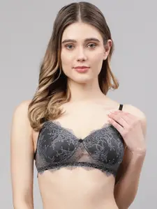 PrettyCat Grey Floral Lightly Padded Non Wired Lace Bra