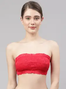 PrettyCat Red Floral Non Wired Lightly Padded Bandaeu Bra