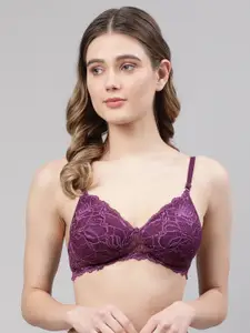 PrettyCat Purple Floral Lace Lightly Padded Non Wired Cotton T-shirt Bra
