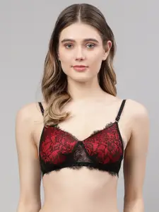 PrettyCat Black & Red Floral Lightly Padded Lace Bra