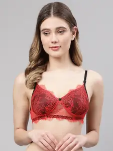 PrettyCat Red Floral Bra Lightly Lace T-shirt Padded