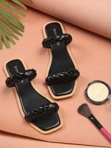 Bruno Manetti Women Black Textured Open Toe Flats