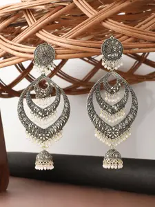 ANIKAS CREATION  Gold Plated Gunmetal-Toned Contemporary Jhumka Earrings
