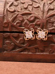 ANIKAS CREATION White & Gold Plated American Diamond Floral Studs Earrings