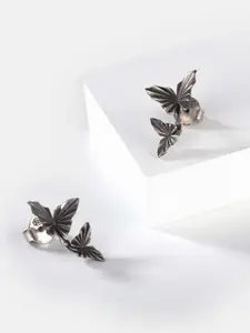 SHAYA Silver-Toned Oxidised Butterfly Contemporary Studs Earrings