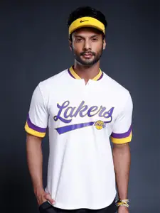NBA Men White & Blue Typography Los Angeles Lakers Printed Henley Neck Loose T-shirt