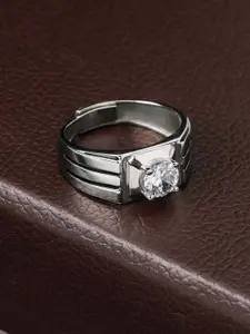 GIVA Men 925 Sterling Silver Rhodium Plated Zircon Stripped Adjustable Ring