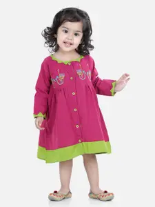 BownBee Girls Purple & Green Floral Embroidered Cotton A-Line Dress