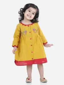 BownBee Girls Yellow & Red Floral Embroidered Cotton A-Line Dress
