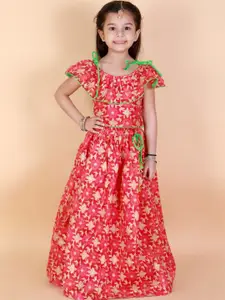 KID1 Girls Pink & Gold-Toned Floral Printed Ready to Wear Silk Pavda Pattu