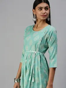 SHOWOFF Women Turquoise Blue & Gold-Toned Printed Cotton Kurta