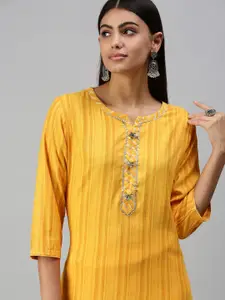 SHOWOFF Women Yellow & Silver-Toned Striped Gotta Patti Cotton Kurta