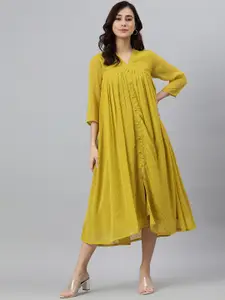 Janasya Women Mustard Yellow Poly Chiffon Self Design Front Slit Dress