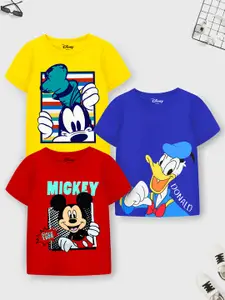 YK Disney Boys Blue & Red Pack of 3 Printed Cotton T-shirt
