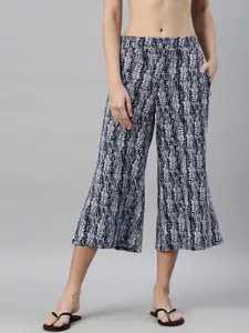 Enamor Women Navy Blue Printed Mid Rise Crop Length Culottes With Side Slits