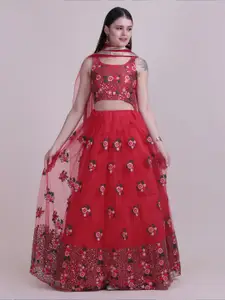 Atsevam Red & Green Embellished Sequinned Semi-Stitched Lehenga & Unstitched Blouse With Dupatta