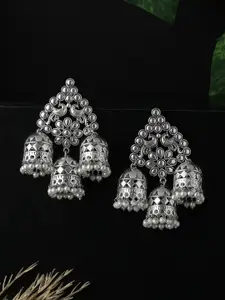 kashwini Women Silver-Toned Contemporary Jhumkas Earrings