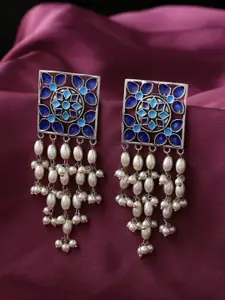 kashwini Silver-Plated Blue & White Stone-Studded & Beaded Contemporary Drop Earrings