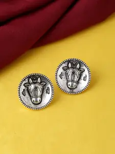 kashwini Silver-Toned Circular Oxidised studs Earrings