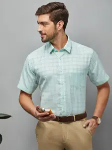 Oxemberg Men Sea Green Classic Slim Fit Checked Formal Shirt