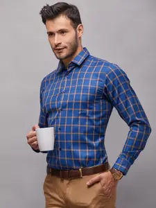 Oxemberg Men Blue Classic Slim Fit Checked Formal Shirt