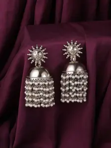 VIRAASI Silver-Toned Pearl Beaded Contemporary Jhumkas Earrings