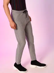Campus Sutra Men Grey Striped Printed Cotton Track Pants