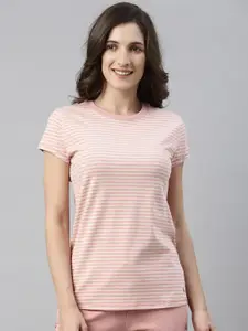 Enamor Women Pink & White Striped Slim Fit Cotton Lounge T-shirt
