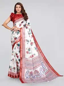 MIRCHI FASHION White & Red Floral Zari Baluchari Saree