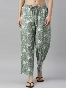 Enamor Women Green & White Floral Printed Relaxed-Fit Lounge Pants