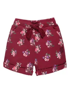 PLUM TREE Girls Burgundy & Pink Floral Printed High-Rise Pure Cotton Shorts