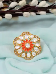 Crunchy Fashion Women Gold-Plated White Kundan-Studded Meenakari Finger Ring