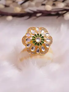 Crunchy Fashion Women Gold-Plated & Green Kundan-Studded Adjustable Finger Ring