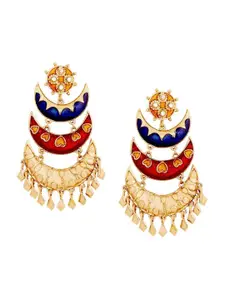 Crunchy Fashion Gold-Plated Red & Navy Blue Crescent Shaped Drop Earrings