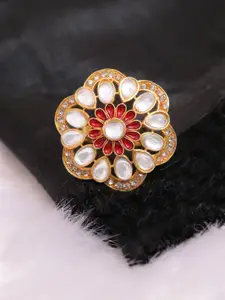 Crunchy Fashion Women Gold-Plated Red & White Kundan Studded Cocktail Finger Ring