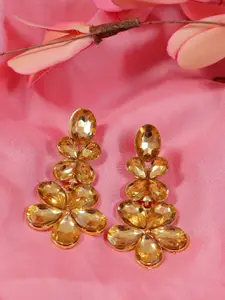 Crunchy Fashion Gold-Toned & Yellow Crystal Studded Contemporary Drop Earrings