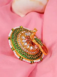 Crunchy Fashion Gold-Plated Green Meenakari Peacock Wedding Ring