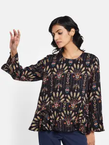Fabindia Women Black Abstract Printed Pure Cotton Top