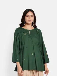 Fabindia Green Embellished Embroidered Keyhole Modal Neck Top