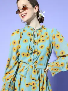 plusS Turquoise Blue & Yellow Floral Tie-Up Neck Georgette A-Line Dress