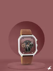 Fastrack Men Brown Brass Embellished Dial & Brown Leather Straps Analogue Watch 3270SL01
