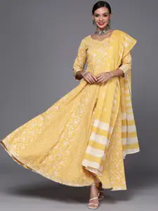 Indo Era Women Yellow Floral Printed Gotta Patti Ethnic A-Line Maxi Dress