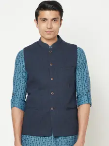 Fabindia Men Blue Printed Pure Cotton Woven Nehru Jacket